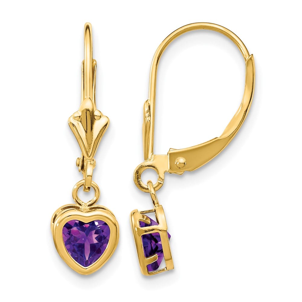 14K Yellow Gold 5mm Heart Bezel Leverback Dangle Earrings, view 1 of 16