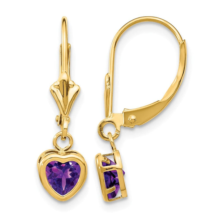 14K Yellow Gold 5mm Heart Bezel Leverback Dangle Earrings, view 1 of 16