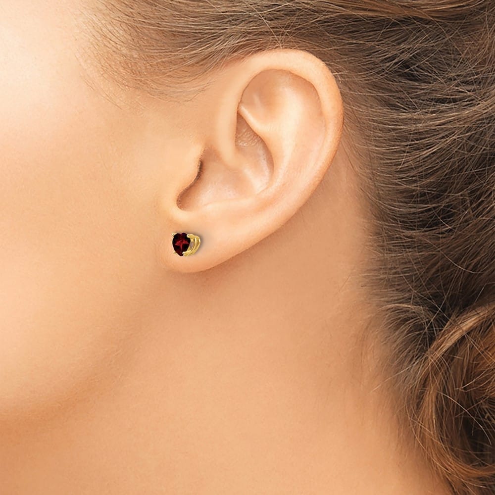 14K Yellow Gold 5mm Heart Garnet Post Earrings, view 3 of 4