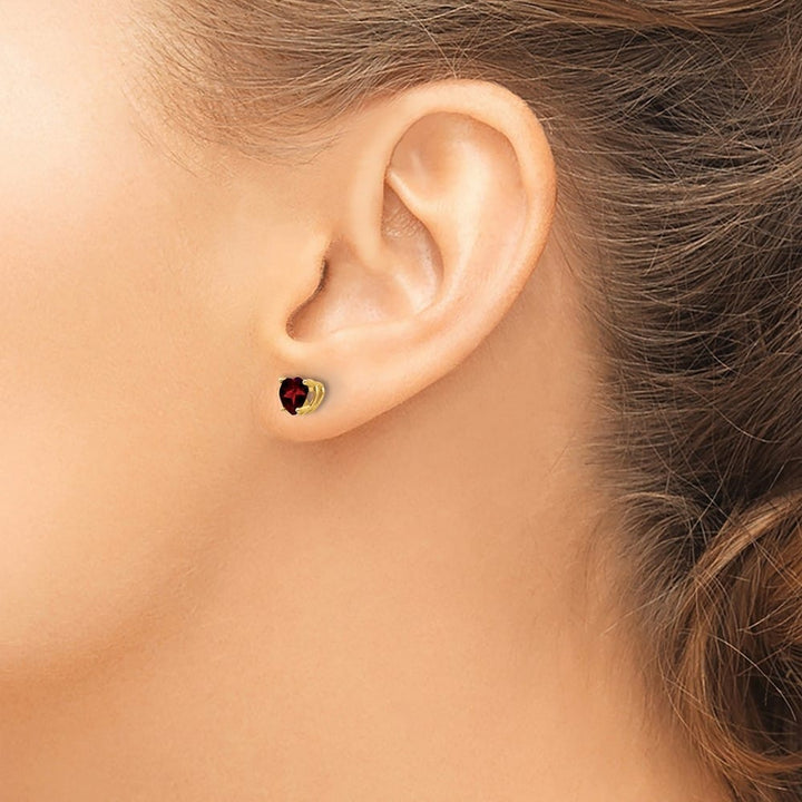 14K Yellow Gold 5mm Heart Garnet Post Earrings, view 3 of 4