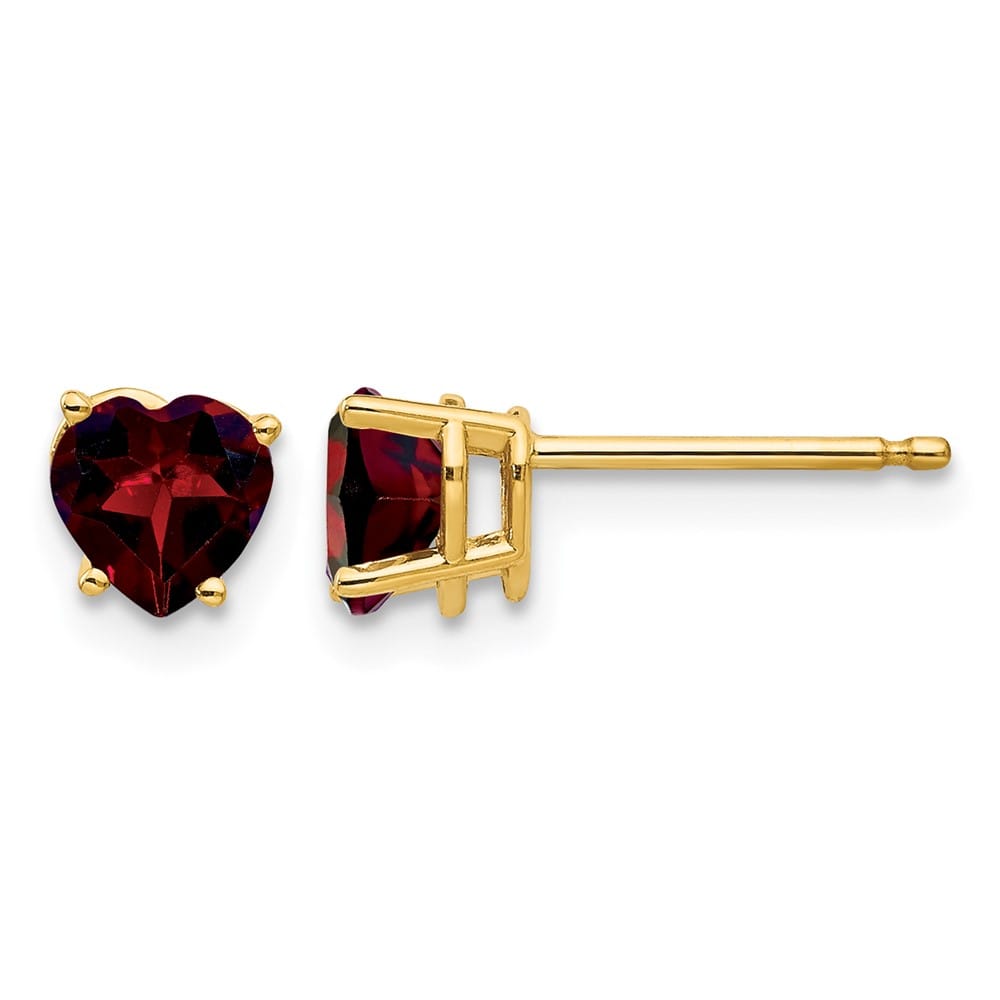 14K Yellow Gold 5mm Heart Garnet Post Earrings, view 1 of 4