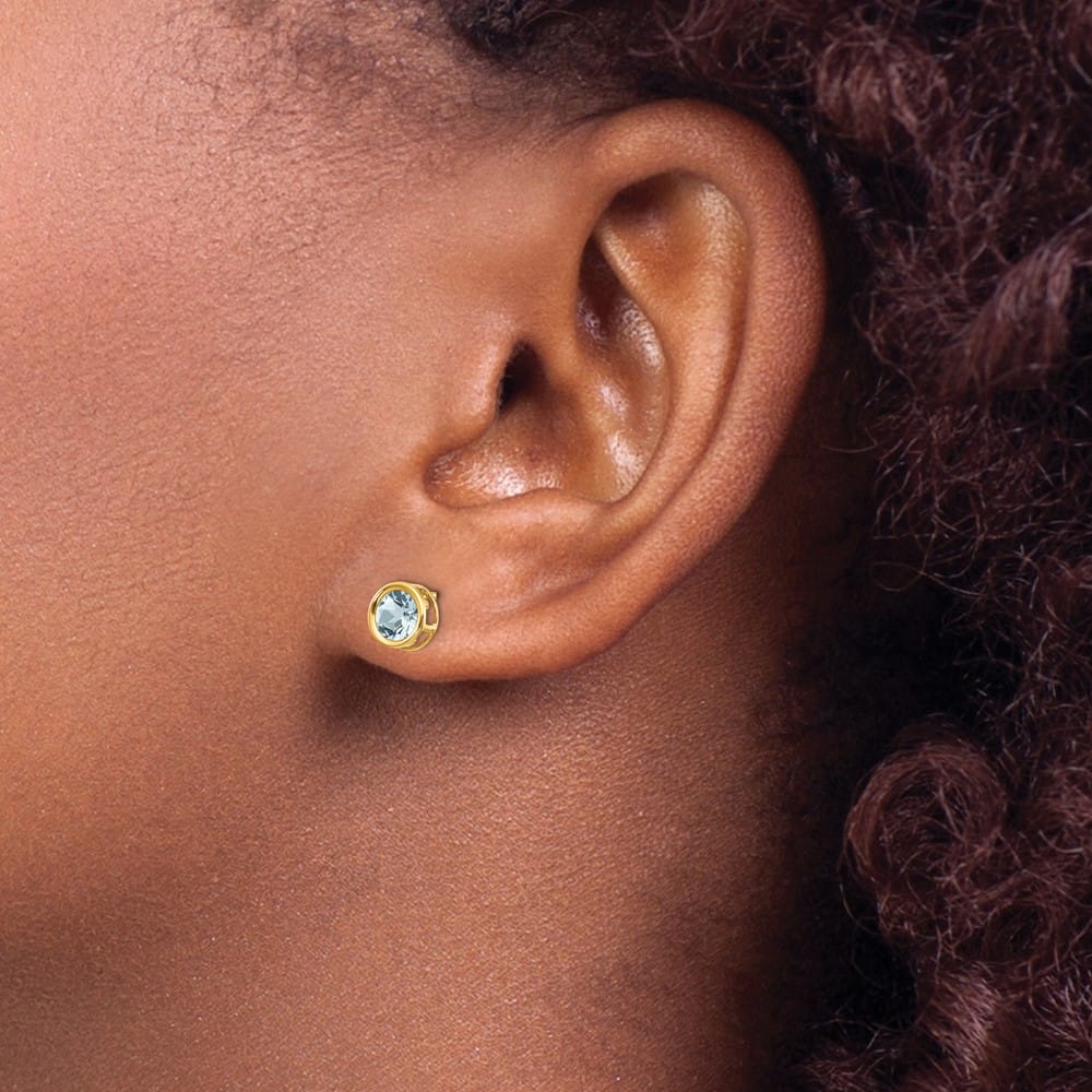 14K Yellow Gold 5mm Round Bezel March/Aquamarine Post Earrings, view 3 of 4