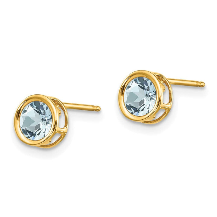 14K Yellow Gold 5mm Round Bezel March/Aquamarine Post Earrings, view 2 of 4