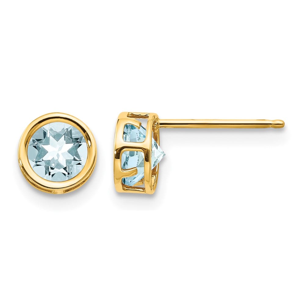 14K Yellow Gold 5mm Round Bezel March/Aquamarine Post Earrings, view 1 of 4