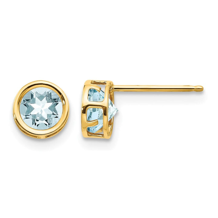 14K Yellow Gold 5mm Round Bezel March/Aquamarine Post Earrings, view 1 of 4