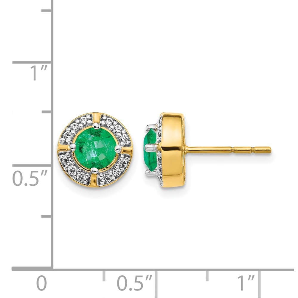14K Yellow Gold 5mm Round Emerald and Diamond Halo Post Earrings, view 4 of 4