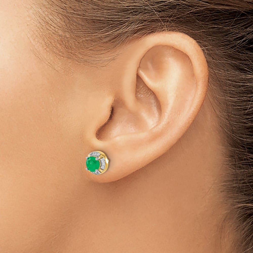 14K Yellow Gold 5mm Round Emerald and Diamond Halo Post Earrings, view 3 of 4