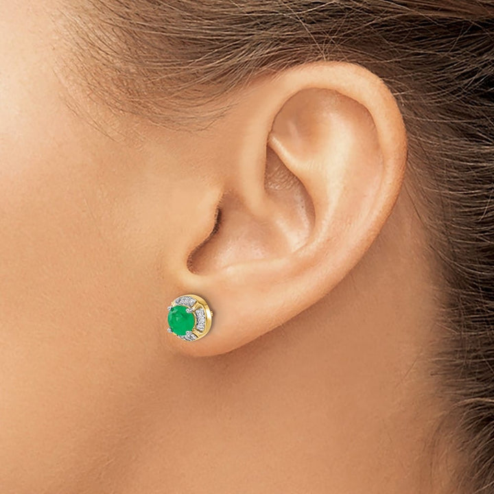 14K Yellow Gold 5mm Round Emerald and Diamond Halo Post Earrings, view 3 of 4