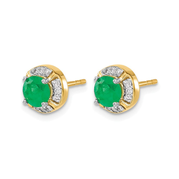 14K Yellow Gold 5mm Round Emerald and Diamond Halo Post Earrings, view 2 of 4