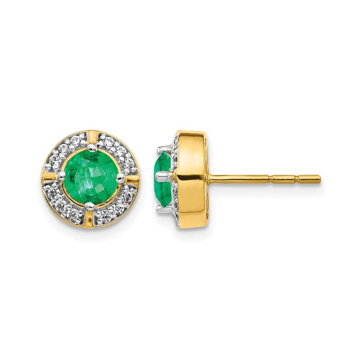 14K Yellow Gold 5mm Round Emerald and Diamond Halo Post Earrings, view 1 of 4