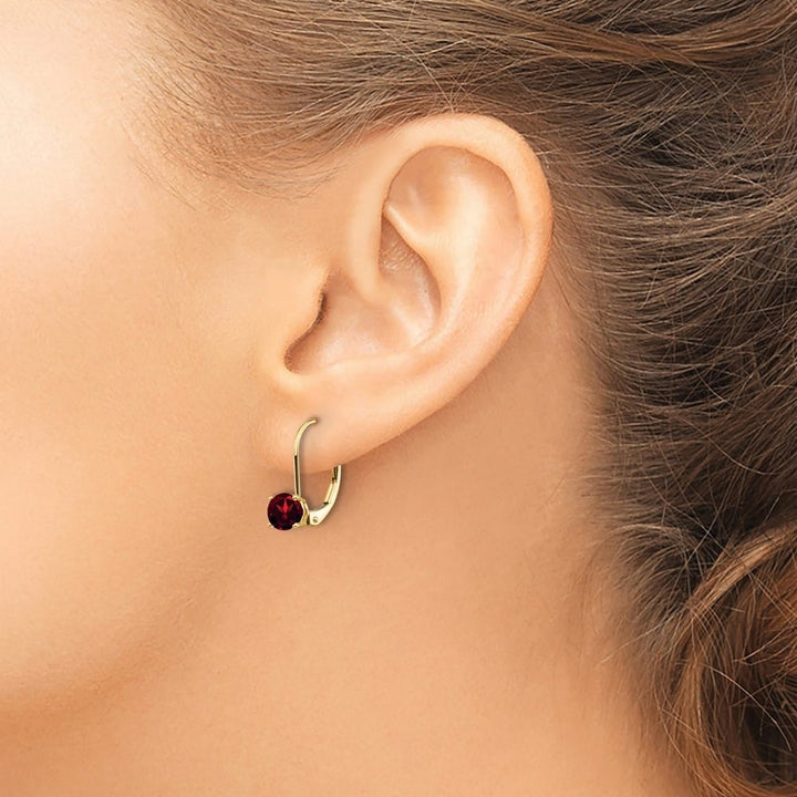 14K Yellow Gold 5mm Round Leverback Earrings, Garnet, view 19 of 20