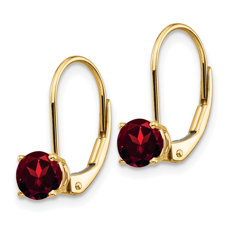 14K Yellow Gold 5mm Round Leverback Earrings, Garnet, view 18 of 20