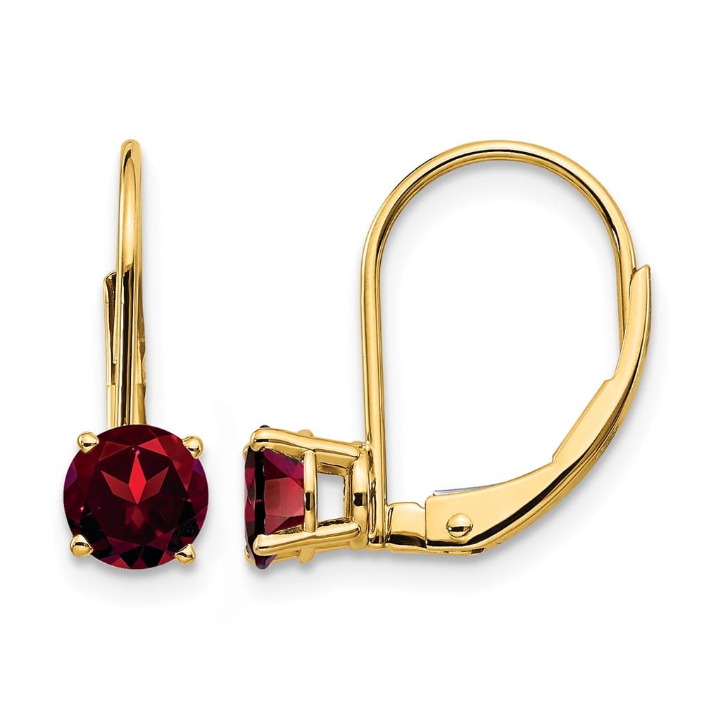 14K Yellow Gold 5mm Round Leverback Earrings, Garnet, view 17 of 20