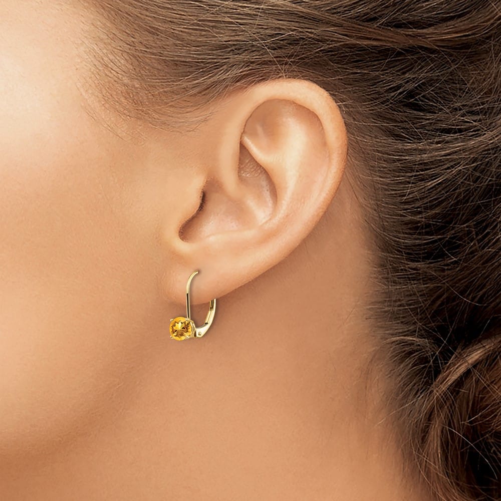 14K Yellow Gold 5mm Round Leverback Earrings, Citrine, view 15 of 20