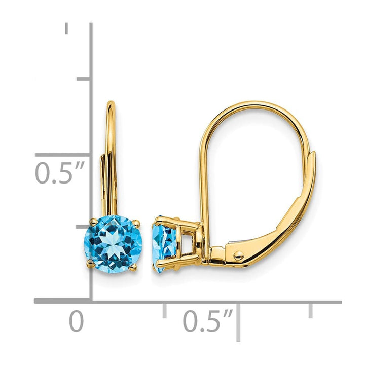 14K Yellow Gold 5mm Round Leverback Earrings, Swiss Blue Topaz, view 12 of 20