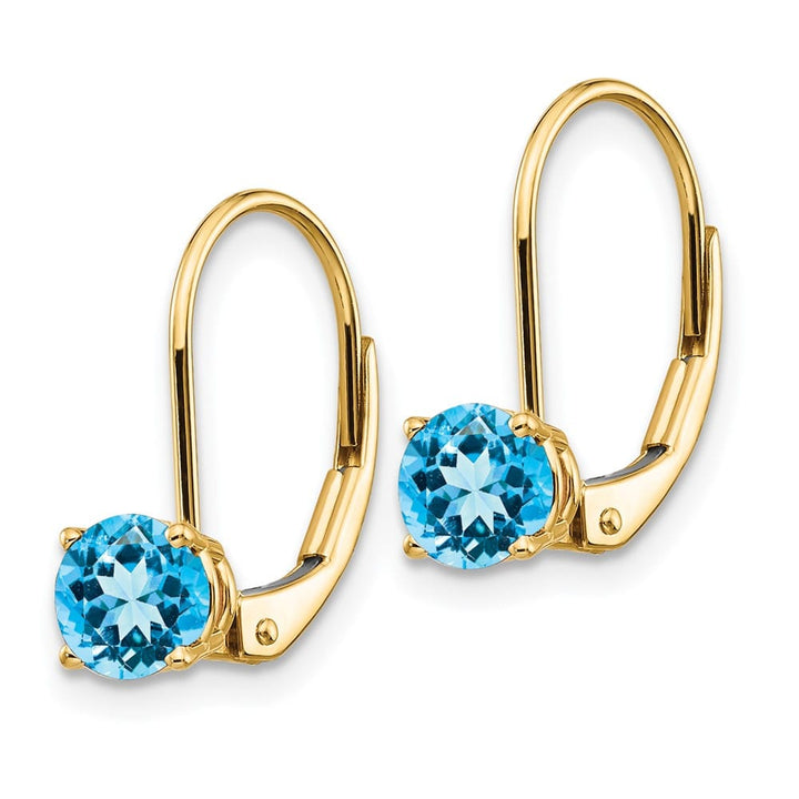 14K Yellow Gold 5mm Round Leverback Earrings, Swiss Blue Topaz, view 10 of 20