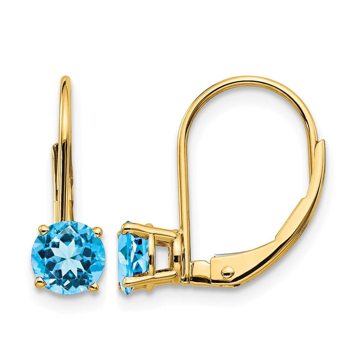 14K Yellow Gold 5mm Round Leverback Earrings, Swiss Blue Topaz, view 9 of 20