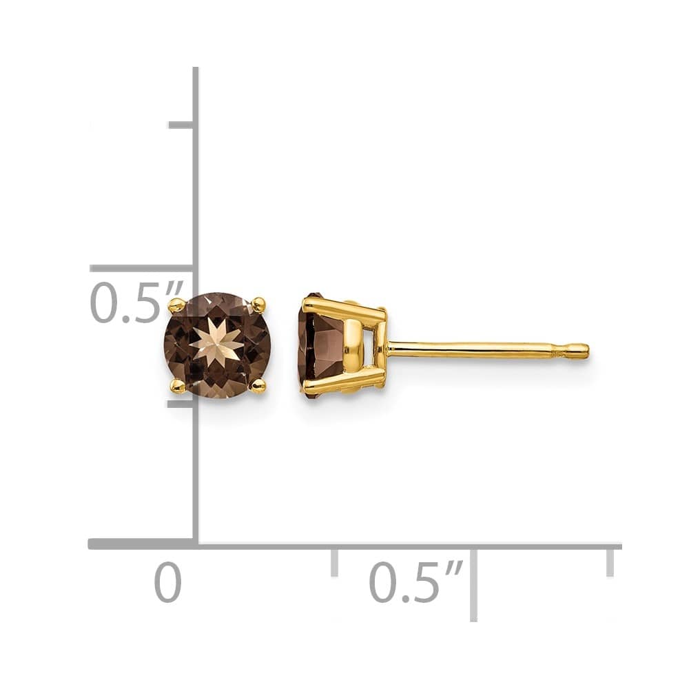 14K Yellow Gold 5mm Round Smoky Quartz Post Earrings, view 4 of 4