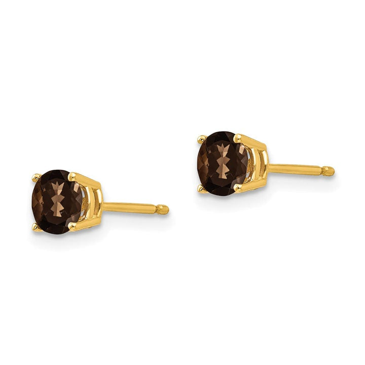 14K Yellow Gold 5mm Round Smoky Quartz Post Earrings, view 2 of 4