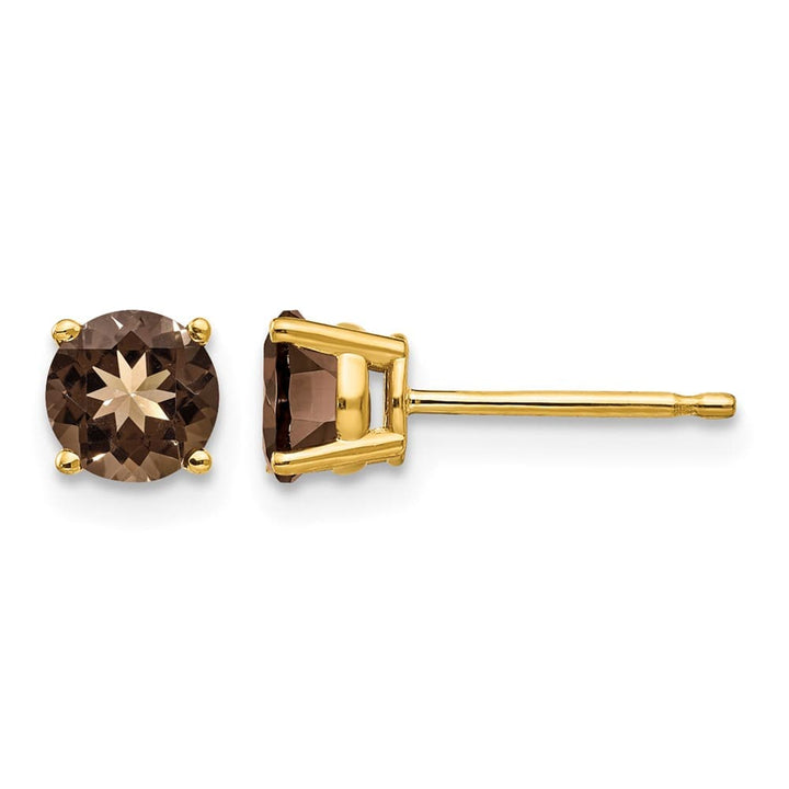 14K Yellow Gold 5mm Round Smoky Quartz Post Earrings, view 1 of 4
