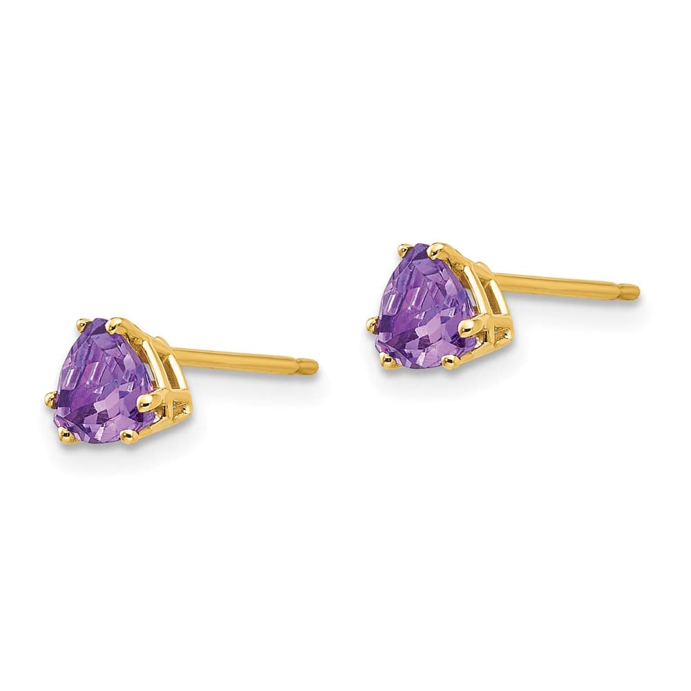 14K Yellow Gold 5mm Trillion Amethyst Post Earrings, view 2 of 4