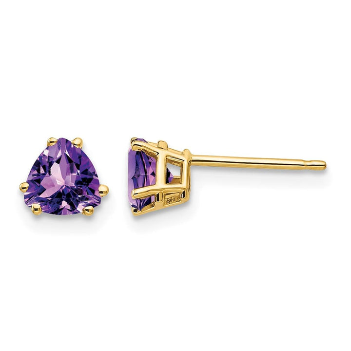 14K Yellow Gold 5mm Trillion Amethyst Post Earrings, view 1 of 4