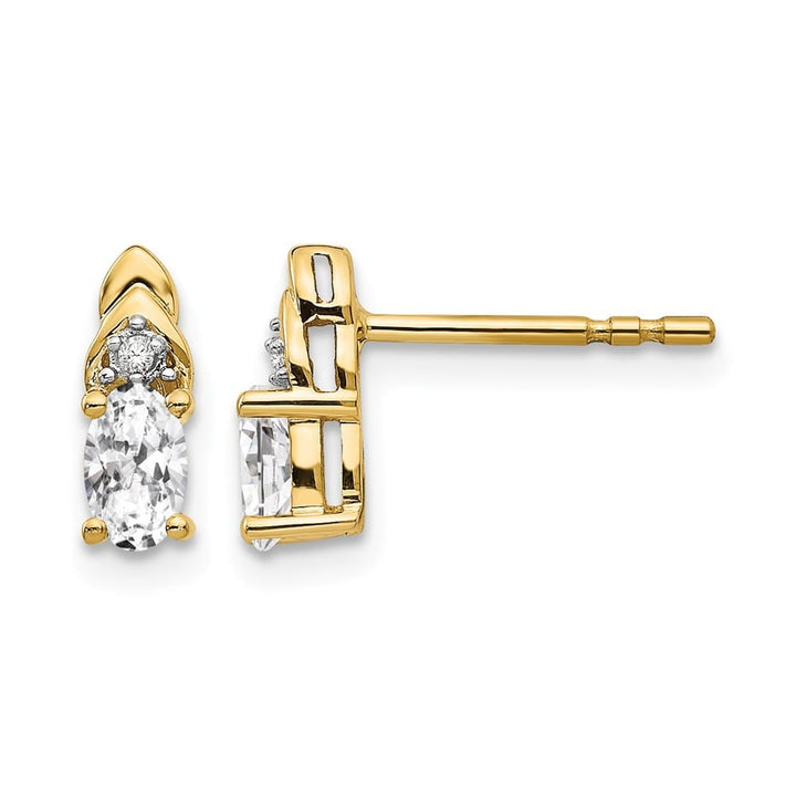 14K Yellow Gold 5x3 Oval April/White Topaz and Diamond Post Earrings, view 1 of 4