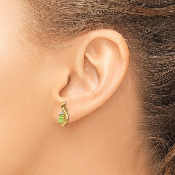 14K Yellow Gold 5x3 Oval August/Peridot and Diamond Post Earrings, view 3 of 4