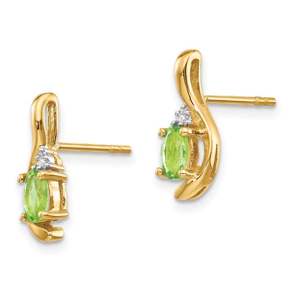14K Yellow Gold 5x3 Oval August/Peridot and Diamond Post Earrings, view 2 of 4