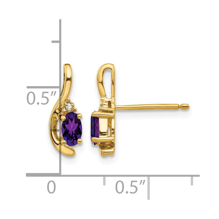 14K Yellow Gold 5x3 Oval February/Amethyst and Diamond Post Earrings, view 4 of 4