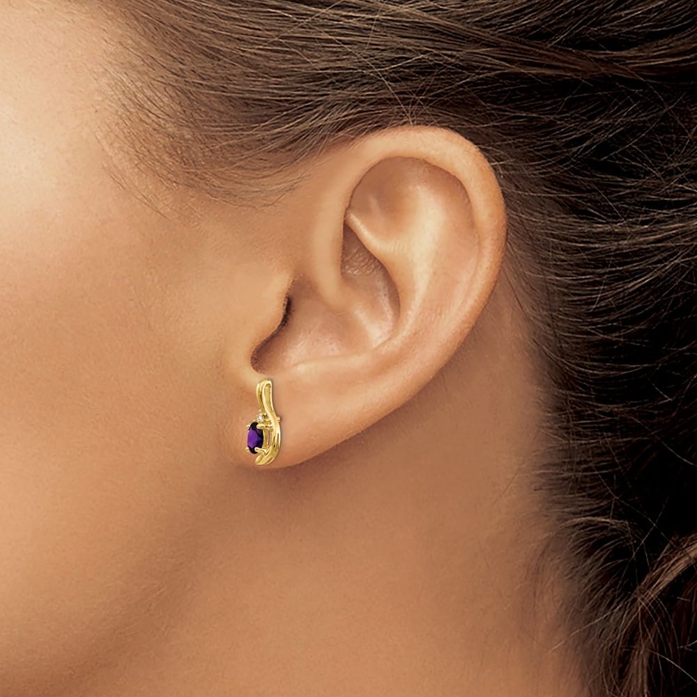 14K Yellow Gold 5x3 Oval February/Amethyst and Diamond Post Earrings, view 3 of 4