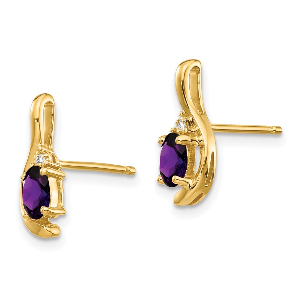 14K Yellow Gold 5x3 Oval February/Amethyst and Diamond Post Earrings, view 2 of 4