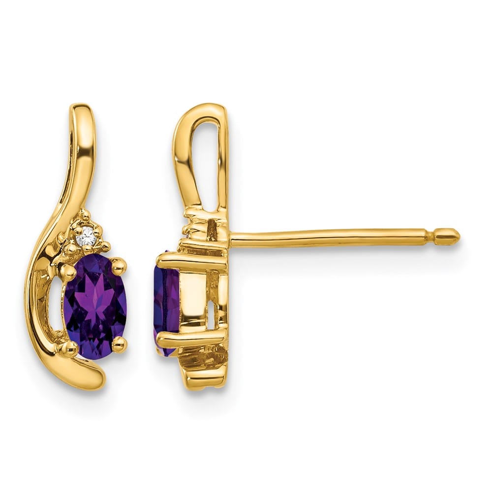 14K Yellow Gold 5x3 Oval February/Amethyst and Diamond Post Earrings, view 1 of 4