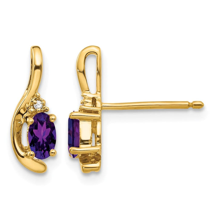 14K Yellow Gold 5x3 Oval February/Amethyst and Diamond Post Earrings, view 1 of 4