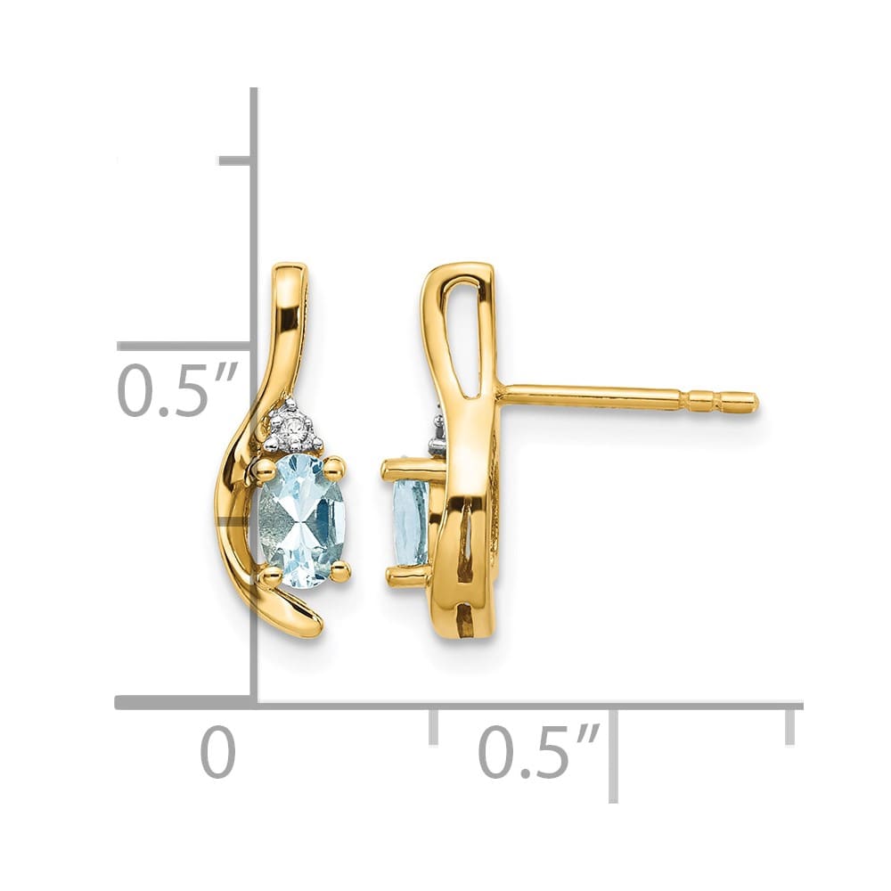 14K Yellow Gold 5x3 Oval March/Aquamarine and Diamond Post Earrings, view 4 of 4