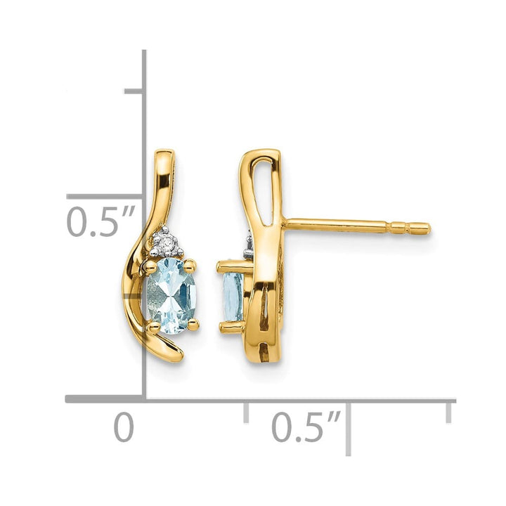 14K Yellow Gold 5x3 Oval March/Aquamarine and Diamond Post Earrings, view 4 of 4