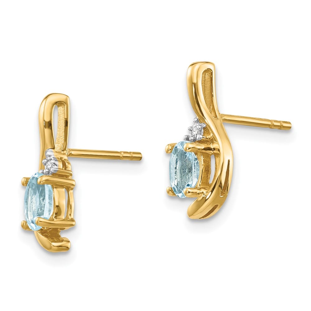 14K Yellow Gold 5x3 Oval March/Aquamarine and Diamond Post Earrings, view 2 of 4
