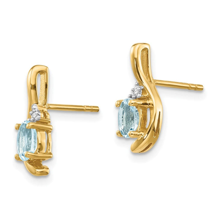 14K Yellow Gold 5x3 Oval March/Aquamarine and Diamond Post Earrings, view 2 of 4