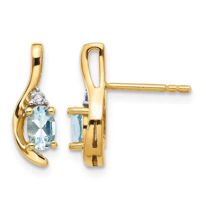 14K Yellow Gold 5x3 Oval March/Aquamarine and Diamond Post Earrings, view 1 of 4