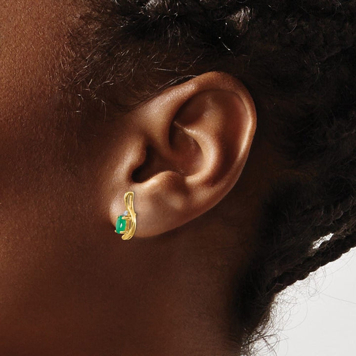 14K Yellow Gold 5x3 Oval May/Emerald and Diamond Post Earrings, view 3 of 4
