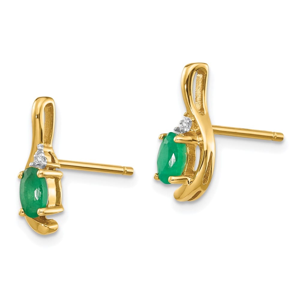 14K Yellow Gold 5x3 Oval May/Emerald and Diamond Post Earrings, view 2 of 4