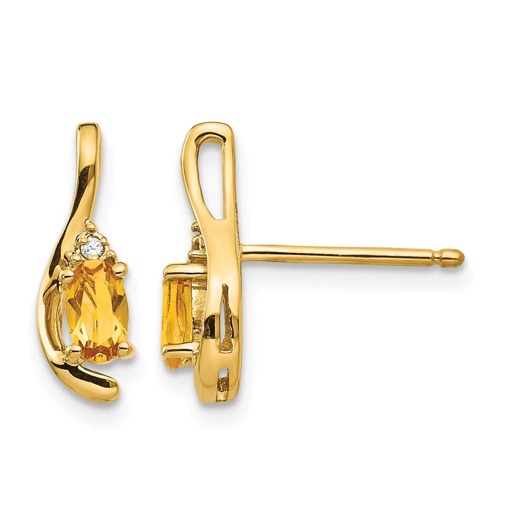 14K Yellow Gold 5x3 Oval November/Citrine and Diamond Post Earrings, view 1 of 4