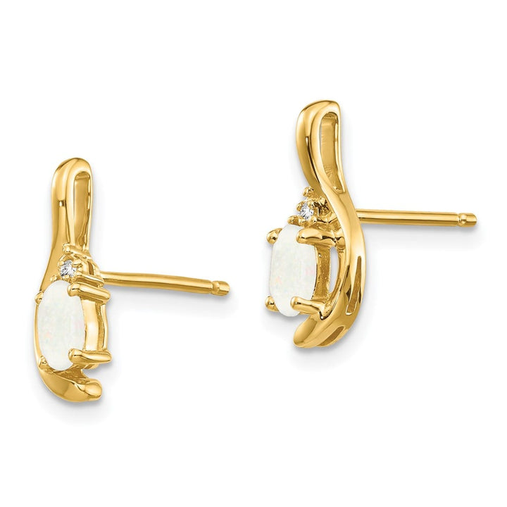 14K Yellow Gold 5x3 Oval October/Opal and Diamond Post Earrings, view 2 of 4