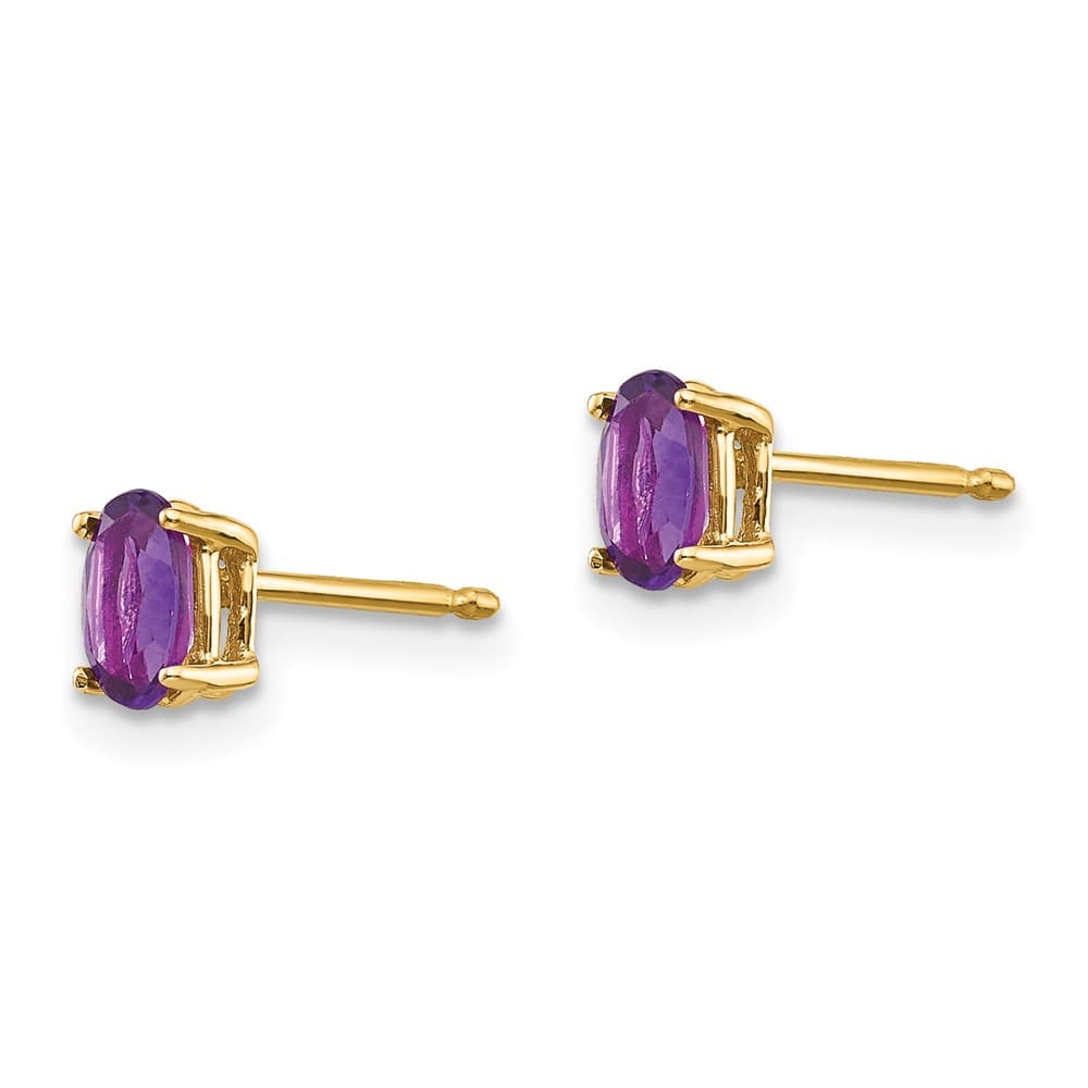 14K Yellow Gold 5x3mm Oval Amethyst Post Earrings, view 2 of 4