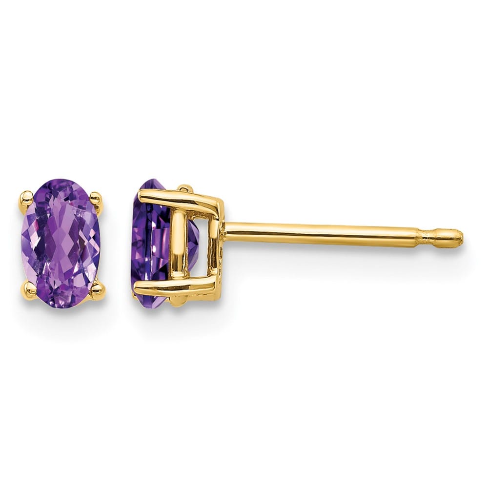 14K Yellow Gold 5x3mm Oval Amethyst Post Earrings, view 1 of 4