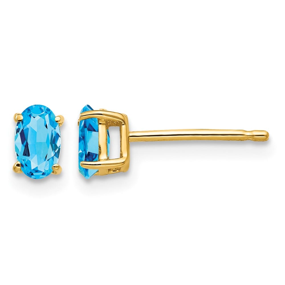 14K Yellow Gold 5x3mm Oval Blue Topaz Post Earrings, view 1 of 4