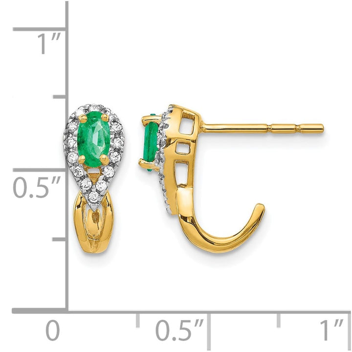 14K Yellow Gold 5x3mm Oval Emerald and Diamond J-Hoop Post Earrings, view 4 of 4