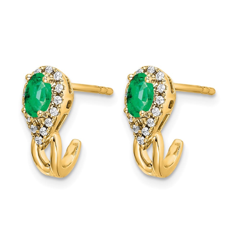 14K Yellow Gold 5x3mm Oval Emerald and Diamond J-Hoop Post Earrings, view 2 of 4