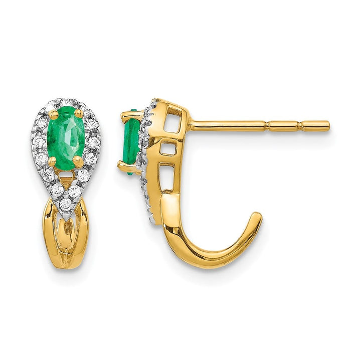 14K Yellow Gold 5x3mm Oval Emerald and Diamond J-Hoop Post Earrings, view 1 of 4