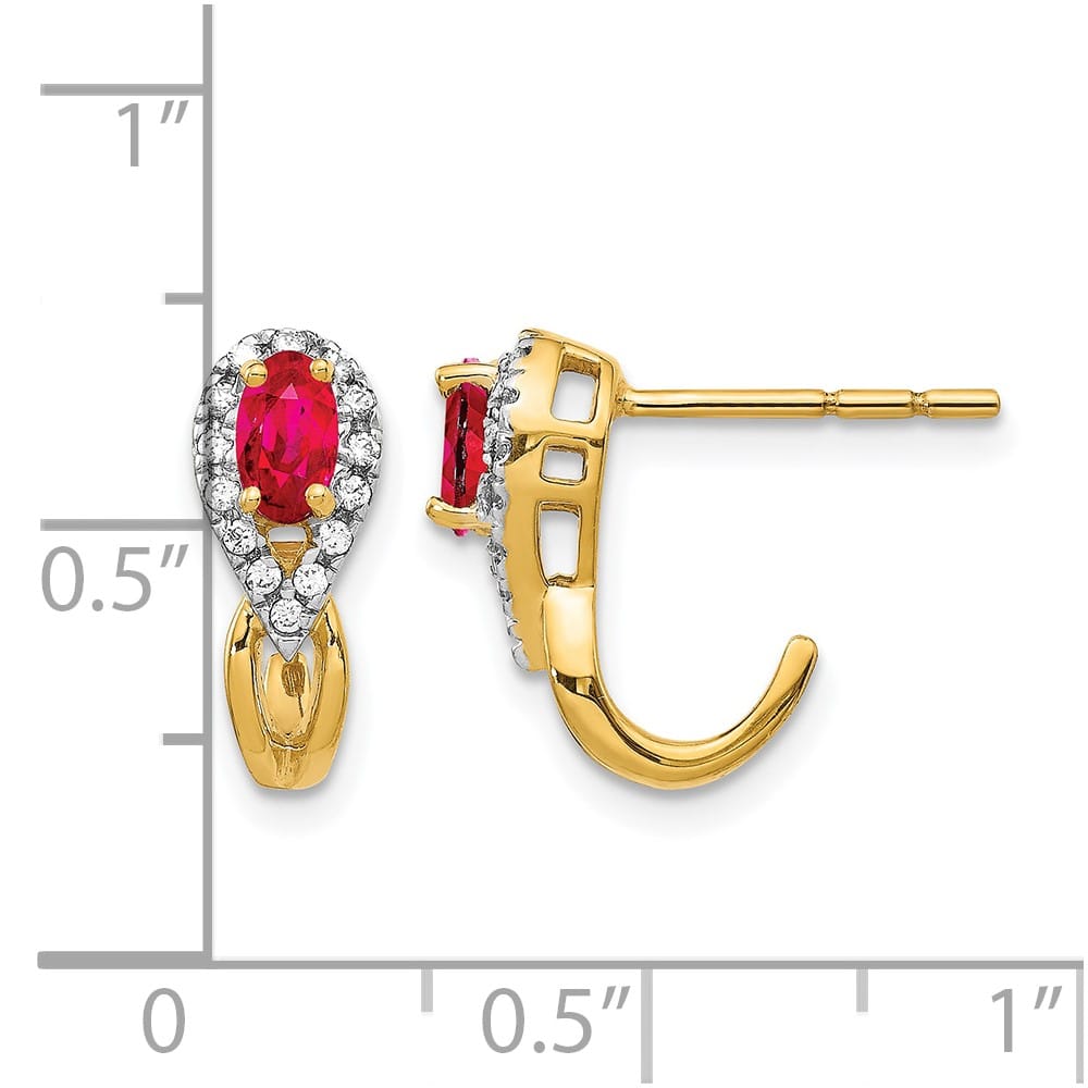 14K Yellow Gold 5x3mm Oval Ruby and Diamond J-Hoop Post Earrings, view 4 of 4